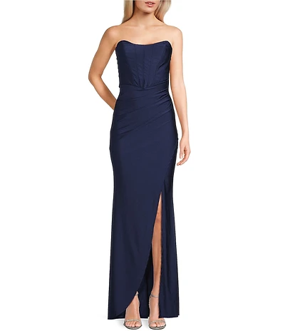 Honey and Rosie Strapless Corset Bodice Front Slit Dress