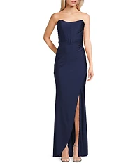 Honey and Rosie Strapless Corset Bodice Front Slit Dress