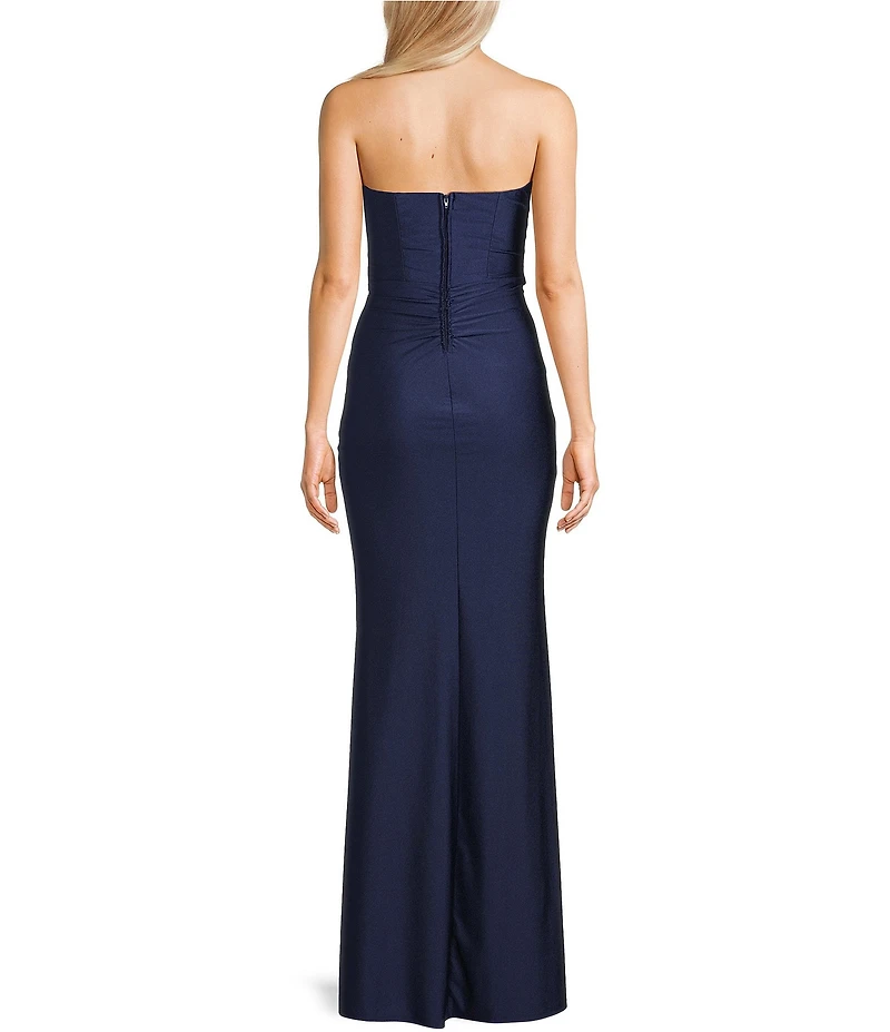 Honey and Rosie Strapless Corset Bodice Front Slit Dress