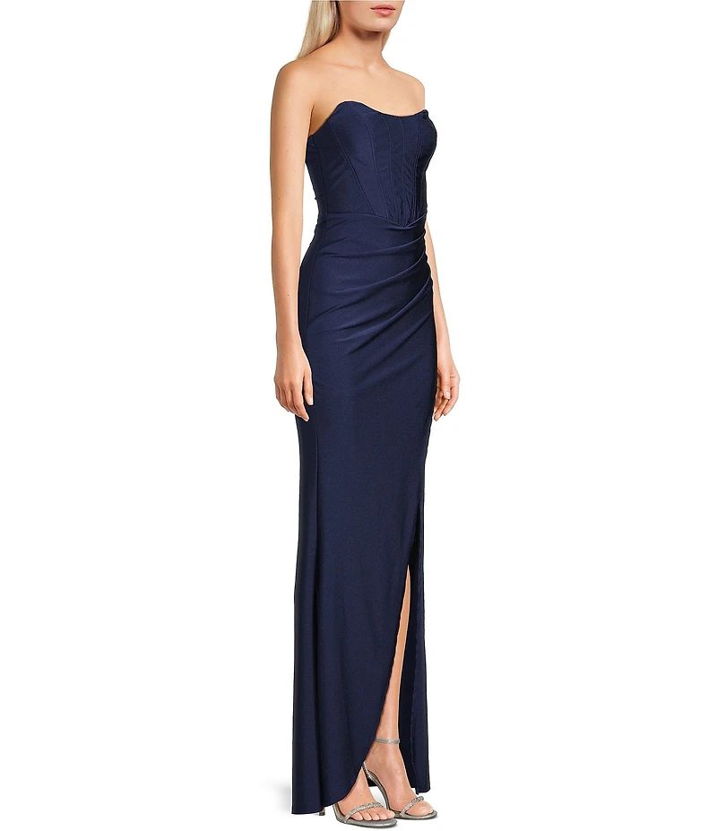 Honey and Rosie Strapless Corset Bodice Front Slit Dress
