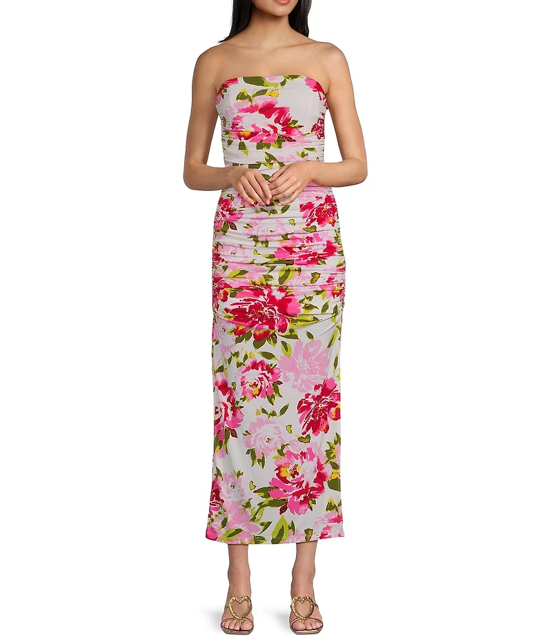 Honey and Rosie Strapless Floral Print Shirred Midi Dress