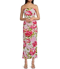 Honey and Rosie Strapless Floral Print Shirred Midi Dress