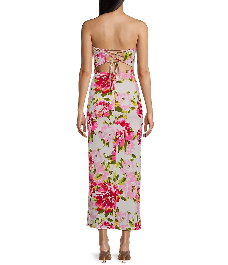Honey and Rosie Strapless Floral Print Shirred Midi Dress