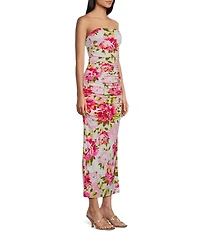 Honey and Rosie Strapless Floral Print Shirred Midi Dress