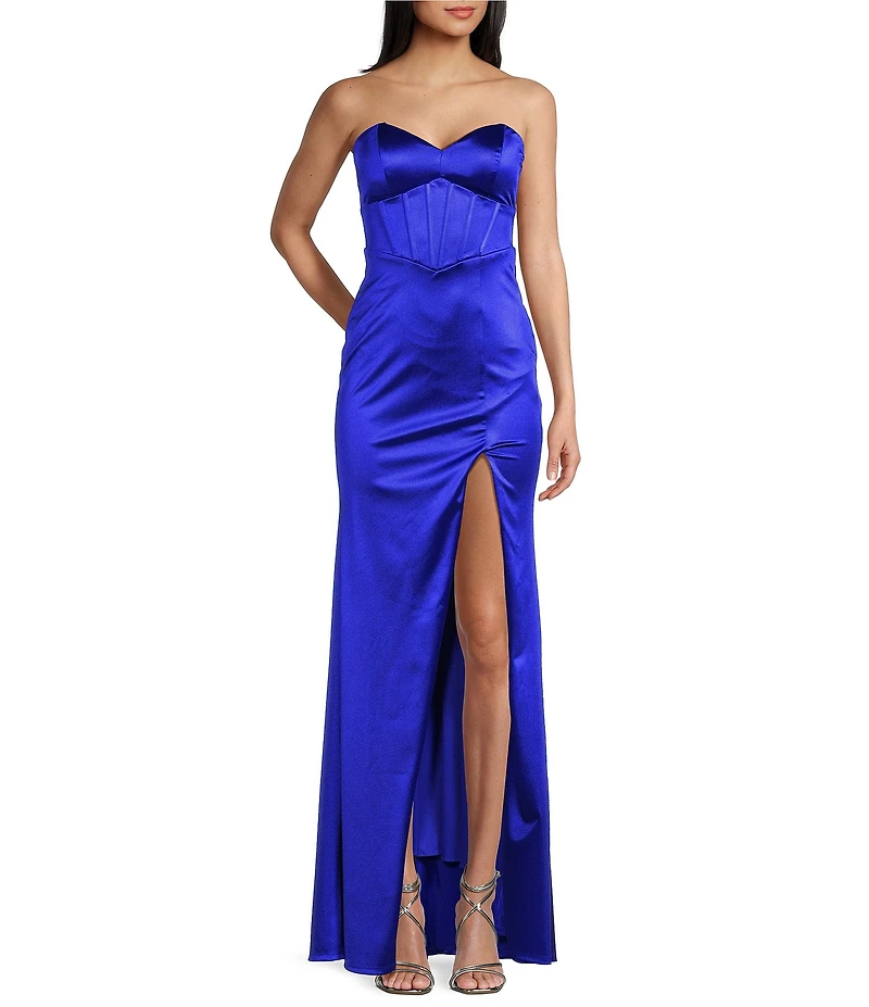 Honey and Rosie Strapless Sweetheart Neck Corseted Eyelet Lace Up Back Side Slit Dress