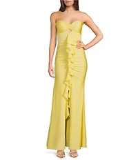 Honey and Rosie Strapless Sweetheart Neck Keyhole Center Ruffle Shirred Front Slit Gown