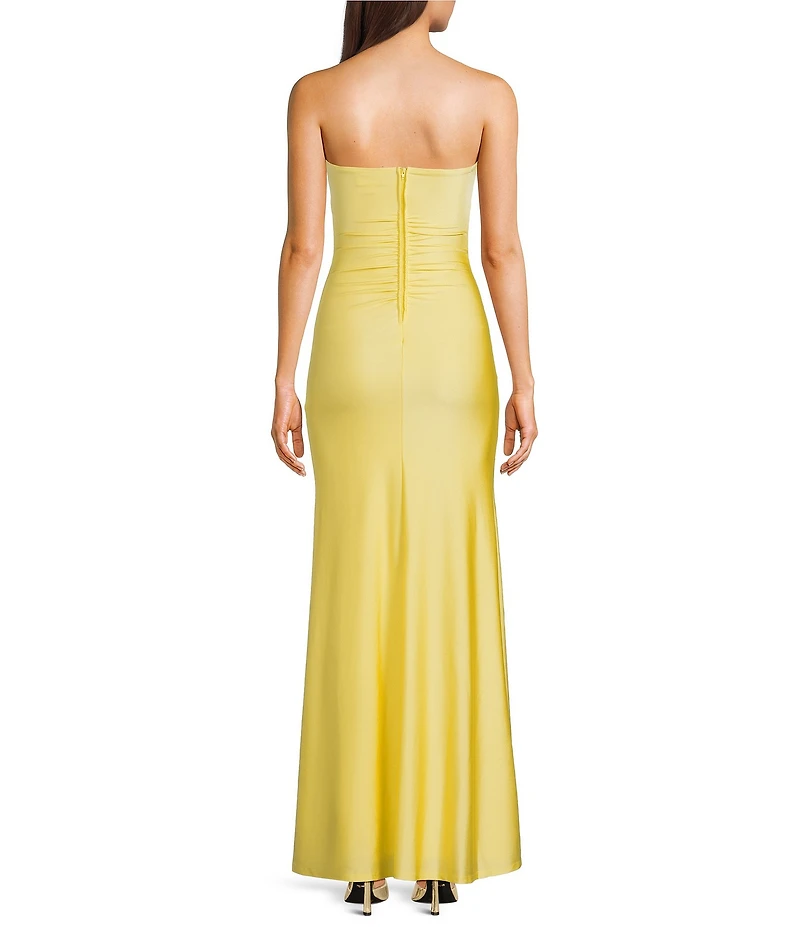 Honey and Rosie Strapless Sweetheart Neck Keyhole Center Ruffle Shirred Front Slit Gown