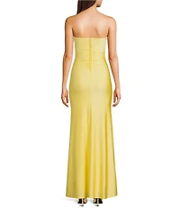 Honey and Rosie Strapless Sweetheart Neck Keyhole Center Ruffle Shirred Front Slit Gown