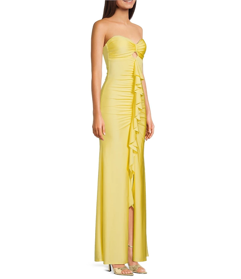 Honey and Rosie Strapless Sweetheart Neck Keyhole Center Ruffle Shirred Front Slit Gown