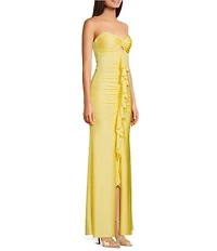 Honey and Rosie Strapless Sweetheart Neck Keyhole Center Ruffle Shirred Front Slit Gown