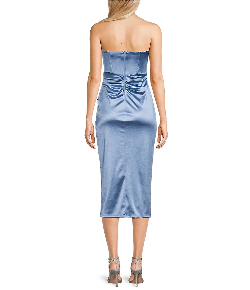 Honey and Rosie Strapless Sweetheart Pleated Twist Front Corseted Mesh Inset Bodycon Midi Dress