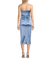 Honey and Rosie Strapless Sweetheart Pleated Twist Front Corseted Mesh Inset Bodycon Midi Dress