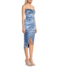 Honey and Rosie Strapless Sweetheart Pleated Twist Front Corseted Mesh Inset Bodycon Midi Dress