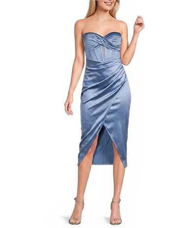 Honey and Rosie Strapless Sweetheart Pleated Twist Front Corseted Mesh Inset Bodycon Midi Dress