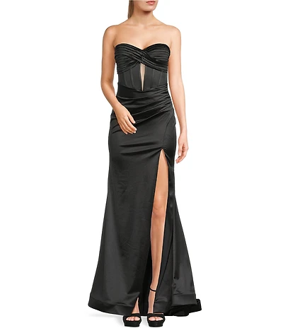 Honey and Rosie Strapless Twist Front Illusion Corseted Side Slit Dress