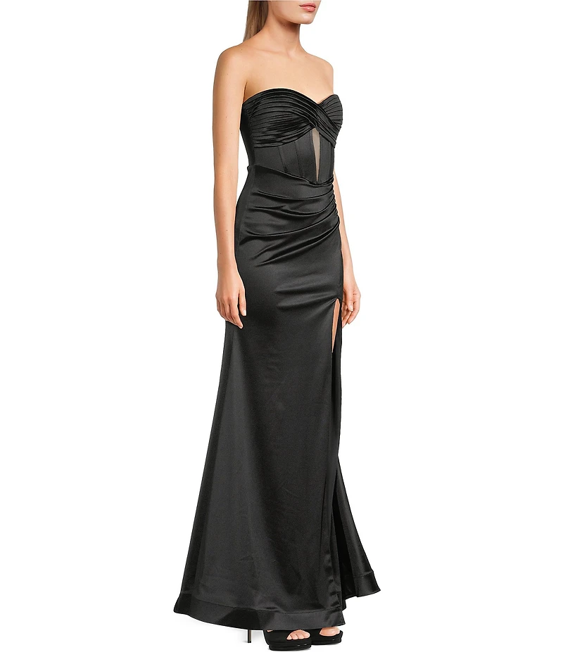 Honey and Rosie Strapless Twist Front Illusion Corseted Side Slit Dress