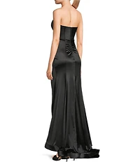 Honey and Rosie Strapless Twist Front Illusion Corseted Side Slit Dress