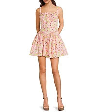 Honey and Rosie Strawberry Printed Square Neck Corseted Mini Dress