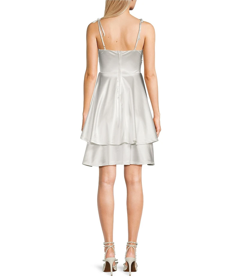 Honey and Rosie Sweetheart Bow Shape Neck Tie Shoulder Fit-And-Flare Tiered Dress