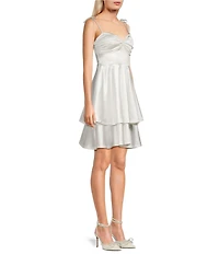Honey and Rosie Sweetheart Bow Shape Neck Tie Shoulder Fit-And-Flare Tiered Dress