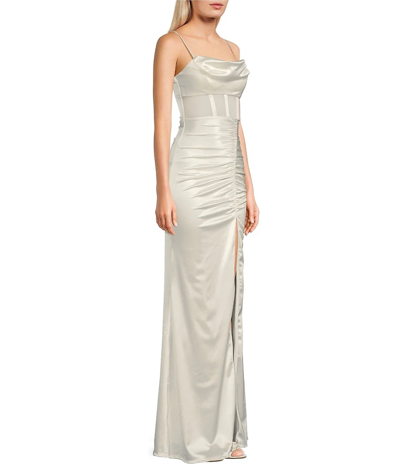 Honey and Rosie Sweetheart Drape Neck Illusion Mesh Corset Front Slit Long Dress