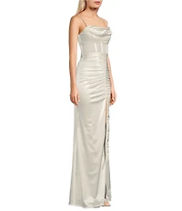 Honey and Rosie Sweetheart Drape Neck Illusion Mesh Corset Front Slit Long Dress