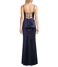 Honey and Rosie Sweetheart Neck Pearl Trim Spaghetti Strap Lace Back Bodice Pleated Envelope Front Gown