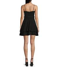 Honey and Rosie Sweetheart Neck Spaghetti Strap Belted Fit And Flare Double Layered Dress