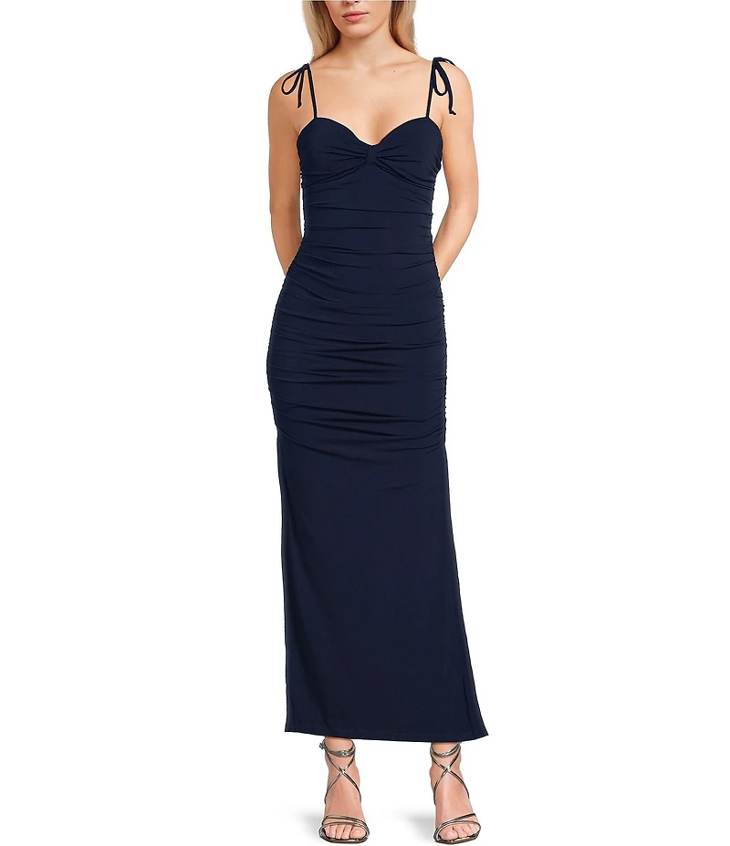 Honey and Rosie Sweetheart Neck Tie Shoulder Fitted Shirred Dress