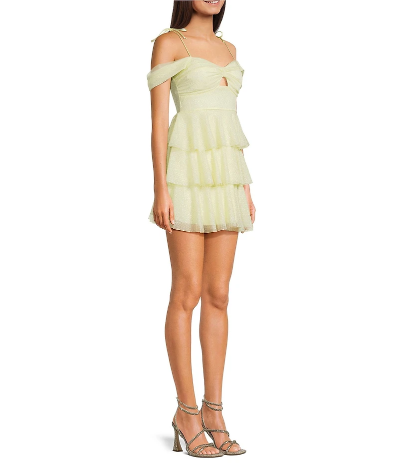 Honey and Rosie Sweetheart Off Shoulder Mesh Drape Ruffle Skirt Dress
