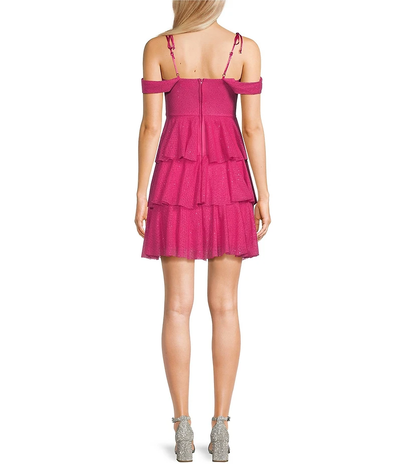 Honey and Rosie Sweetheart Off-The-Shoulder Mesh Drape Ruffle Skirt Dress
