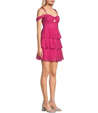 Honey and Rosie Sweetheart Off-The-Shoulder Mesh Drape Ruffle Skirt Dress