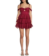 Honey and Rosie Sweetheart Off Shoulder Mesh Drape Ruffle Skirt Dress
