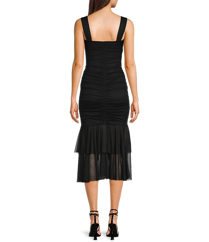 Honey and Rosie Tank Strap V-Neckline Fitted Midi Shirred Dress