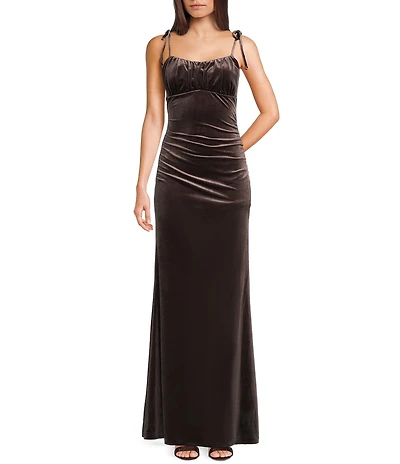 Honey and Rosie Tie Strap Ruched Side Slit Velvet Mermaid Gown