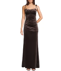 Honey and Rosie Tie Strap Ruched Side Slit Velvet Mermaid Gown