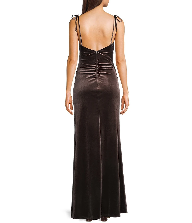 Honey and Rosie Tie Strap Ruched Side Slit Velvet Mermaid Gown