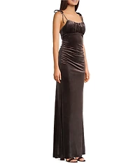 Honey and Rosie Tie Strap Ruched Side Slit Velvet Mermaid Gown