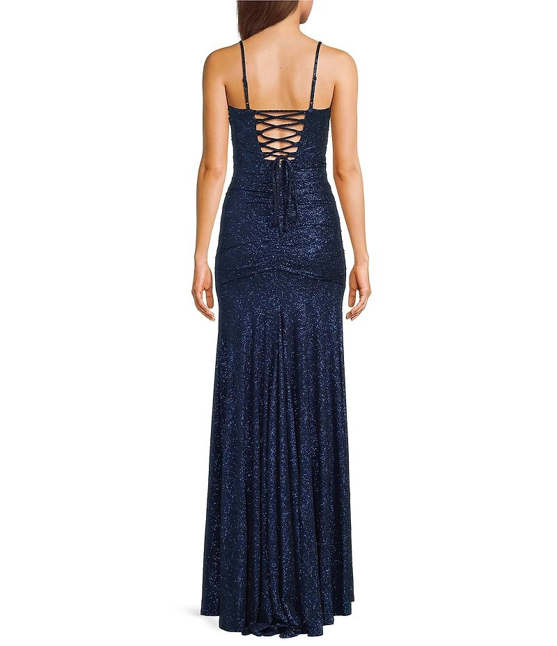 Honey and Rosie Twist Front Shirred Bodice Flared Hem Fitted Ball Gown