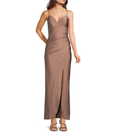 Honey and Rosie V-Neck Asymmetric Drape Front Side Slit Long Dress