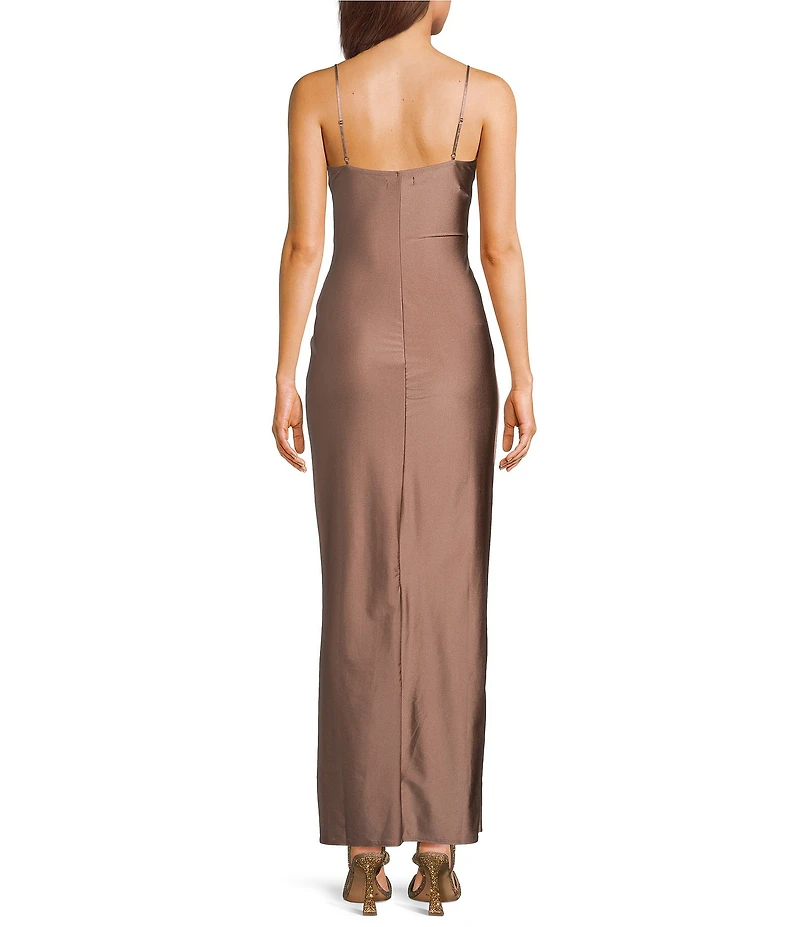 Honey and Rosie V-Neck Asymmetric Drape Front Side Slit Long Dress