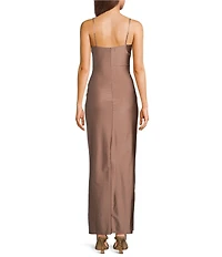 Honey and Rosie V-Neck Asymmetric Drape Front Side Slit Long Dress