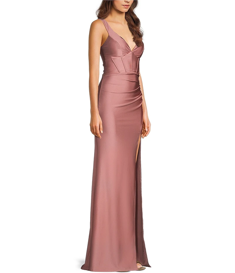 Honey and Rosie V-Neck Corset Pleated Envelope Front Lace Up Back Long Dress