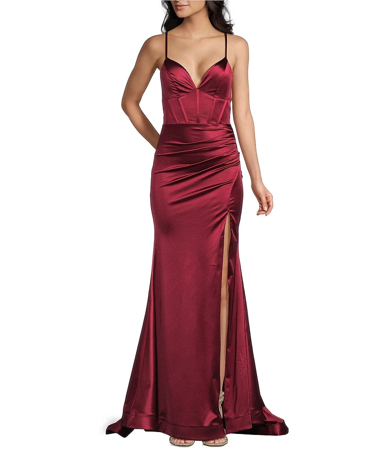 Honey and Rosie V-Neck Corseted Flared-Hem Front Slit Long Dress