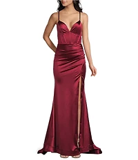 Honey and Rosie V-Neck Corseted Flared-Hem Front Slit Long Dress