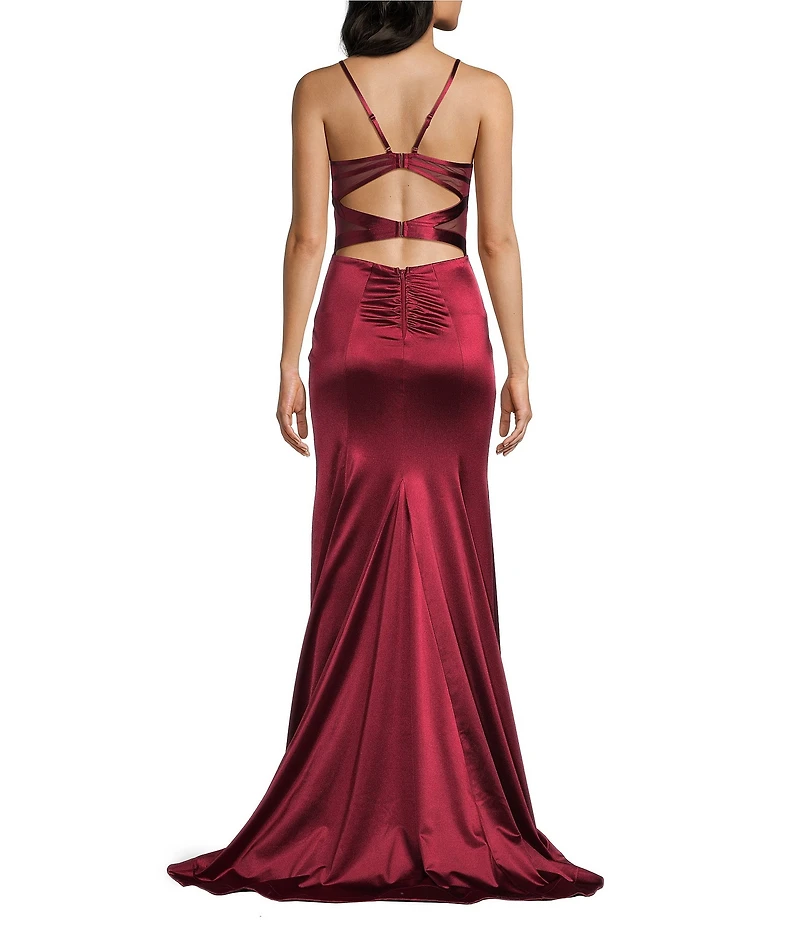 Honey and Rosie V-Neck Corseted Flared-Hem Front Slit Long Dress