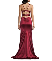 Honey and Rosie V-Neck Corseted Flared-Hem Front Slit Long Dress