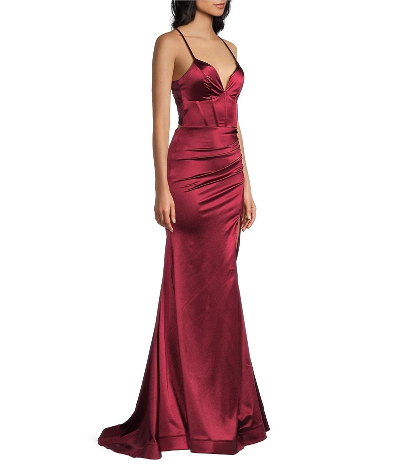 Honey and Rosie V-Neck Corseted Flared-Hem Front Slit Long Dress