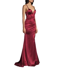 Honey and Rosie V-Neck Corseted Flared-Hem Front Slit Long Dress