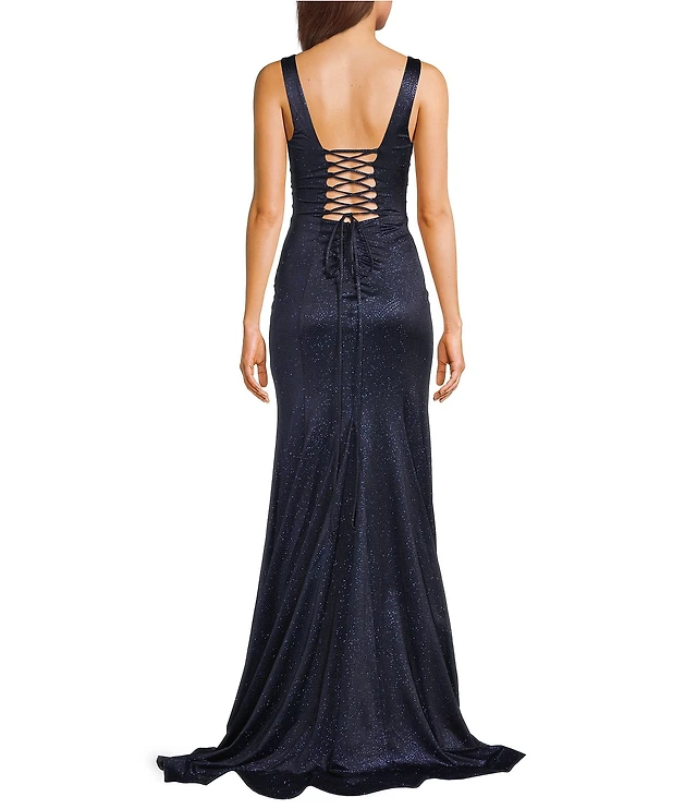 Honey and Rosie Deep V-Neck Shirred Lace-Up Tie Back Dress | Liberty Center